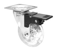 Wagner 03308701 Roulette pivotante, souple, diamètre 75 mm, hauteur 100 mm, acier chromé, transparent, frein et plaque de fixation 60 x 60 mm, capacité de charge 55 kg