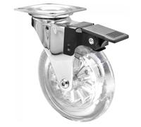 Wagner 03308801 Roulette pivotante, souple, diamètre 100 mm, hauteur 125 mm, acier chromé, transparent, frein et plaque de fixation 60 x 60 mm, capacité de charge 65 kg