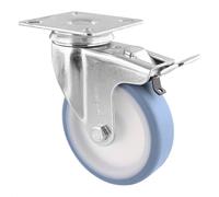 Wagner 03370001 Roulette pivotante souple Ø 100 mm, hauteur 130 mm, acier galvanisé, bleu/blanc, frein, plaque de fixation 75 x 75 mm, charge maximale 75 kg