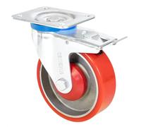 Wagner 04022501 Roulette pivotante, souple, pour charges lourdes, diamètre : 125 mm, hauteur : 155 mm, acier et fonte, rouge/argent, avec dispositif de blocage et plaque de fixation 85 x 105 mm,