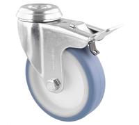 Wagner 23370001 Roulette pivotante souple avec trou arrière - Diamètre : 100 mm, hauteur : 125 mm, acier galvanisé, bleu/blanc, frein, capacité de charge 75 kg