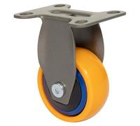 Wagner Design 01245001 Roulette fixe 3C pour appareil ou meuble Jaune/bleue, surface de roulement souple, diamètre 50 mm, hauteur 75 mm, plaque de fixation 50 x 60 mm, capacité de charge 50 kg