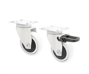 WAGNER Design - 3C - Roulettes pivotantes/roulettes de meuble ensemble de 2 - blanc, 1 roulette sans et 1 avec frein, surface de roulement souple, Ø 75 mm, charge max. 75 kg/roulette - 02227602