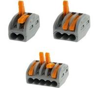 Wago, Bornes à Levier Série 222 Lot de 20 pour Fils Rigides, Semi-Rigides et Souples 0,08-4 mm², Tension 400V, Courant 32A, Longueur Dénudage 9-10mm, 5x2 Entrées, 10x3 Entrées, 5x5 Entrées