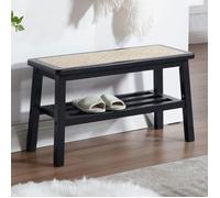 Wahson Banc à Entrée Moderne et Rétro Banc à Chaussures, Banc de Rangement avec Étagères, Banc Bois et Rotin pour Salon, Noir