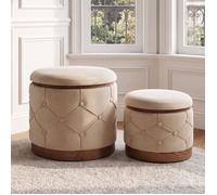 Wahson Lot de 2 Pouf de Rangement Tabouret de Coiffeuse Kaki Ottomans de Salon Repose-Pieds Rond Couvercle Amovible 42.5 et 32.5 cm