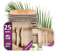 Waipur Assiette Jetable Feuille Palmier Deux Tailles avec Couverts, 25 Lots | 25 grandes assiettes et 25 à dessert, 50 fourchettes, 25 couteaux et 25 cuillères - vaisselle élégante, comme le bambou, bois