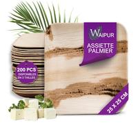 Waipur Assiettes Jetables en Feuille de Palmier - 200 Pcs, Carrées 25x25 cm | Vaisselle chic et résistante, au grain naturel unique - solide et sans plastique, similaire au bambou pour buffets et fêtes