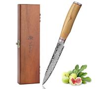 Wakoli Couteau de Chef Polyvalent en Acier Damas I Lame tranchante de 12,5 cm en acier damassé à 67 couches avec noyau VG10 et manche en bois de d'olivier I Couteau de cuisine professionnel - Olive HS