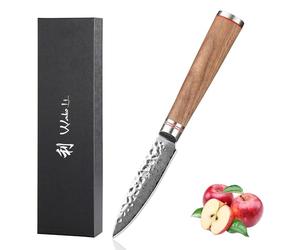 Wakoli Couteau d'office en noyer de qualité supérieure avec lame de 9 cm fabriqué en acier damassé véritable 67 couches avec manche en bois de noyer I Couteau de cuisine damassé et couteau de chef