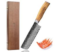 WAKOLI Couteau Nakiri de Cuisine en Damas, 17,5 cm, Manche en Olivier | professionnel, lame en acier de Damas à 67 couches avec noyau VG10, pour couper, hacher et émincer légumes, coffret cadeau