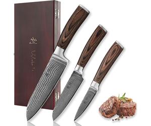 Wakoli Edib 3pc damask knife set I Wooden box I 8 - 17cm blade I Pakka wood handle