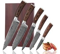 Wakoli Edib Ensemble de 5 couteaux damassés I Boîte en bois I Lame de 8 à 20 cm I Manche en bois de pakka