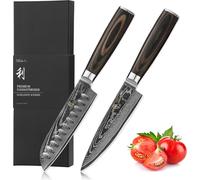 Wakoli EDIB Essentials Ensemble de 2 couteaux damassés - Ensemble de couteaux de cuisine en acier damassé 67 couches, ensemble de couteaux de chef avec petit couteau de chef, couteau Santoku, manche e