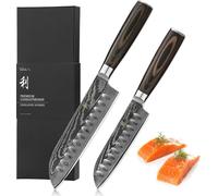 Wakoli EDIB Essentials Set de 2 couteaux damassés Santoku - 12cm & 18cm I Couteau de cuisine professionnel en acier damassé 67 couches - manche en bois de pakka - Boîte cadeau et protège-doigts inclus