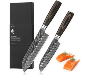 Wakoli EDIB Essentials Set de 2 couteaux damassés Santoku - 12cm & 18cm I Couteau de cuisine professionnel en acier damassé 67 couches - manche en bois de pakka - Boîte cadeau et protège-doigts inclus