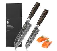 Wakoli EDIB Essentials Set de 2 couteaux damassés Santoku - 12cm & 18cm I Couteau de cuisine professionnel en acier damassé 67 couches - manche en bois de pakka - Boîte cadeau et protège-doigts inclus