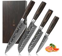 Wakoli EDIB Essentials Set de 4 couteaux damassés - lames de 20cm, 18cm, 12cm & 10cm en acier damassé 67 couches, couteau chef, santoku, petit santoku et couteau de bureau, protège-doigts & boîte en b