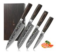Wakoli EDIB Essentials Set de 4 couteaux damassés - lames de 20cm, 18cm, 12cm & 10cm en acier damassé 67 couches, couteau chef, santoku, petit santoku et couteau de bureau, protège-doigts & boîte en b