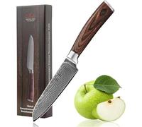 WAKOLI EDIB Petit Couteau Santoku en Damas, Noyau VG10, Manche Pakka, 12 cm | de cuisine professionnel, avec lame en acier de Damas à 67 couches, pour hacher, émincer et découper avec précision