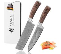 WAKOLI EDIB Set de 2 Couteaux de Cuisine en Acier Damas, Santoku et Nakiri | noyau VG10 60±2 HRC, lames à 67 couches de 17 et 17,5 cm, manches en bois de pakka, couteaux professionnels, coffret cadeau
