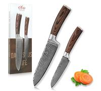 WAKOLI EDIB Set de 2 Couteaux Santoku de Cuisine Professionnels en Damas | lames à 67 couches avec noyau VG10, manches en bois de pakka, coffret cadeau élégant, pour trancher, hacher et émincer