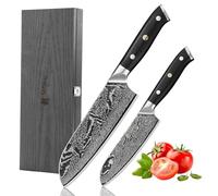 WAKOLI Nitoko Set de 2 Couteaux Santoku de Cuisine Professionnels en Damas | lames de 18 et 12,5 cm, noyau VG10 à 67 couches, manches en G10, lame intégrale, avec protège-doigts, élégant coffret en bois