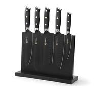 Wakoli Titanium Noir Set de 5 Couteaux de Cuisine avec Bloc Magnétique | lames 5Cr15MoV avec revêtement en titane, manches G10 antidérapants, socle inox avec pied en mousse, emballage cadeau élégant