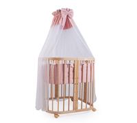 Lit bébé Waldin 7 en 1 avec matelas, lit pour enfant évolutif, tissu rose, bois naturel