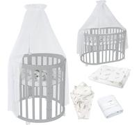 Waldin Lit de bébé OWAL Lit d'enfant 7en1 avec matelas, lit évolutif pour enfants,Tissus Blanc Branches,Bois gris