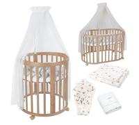 Waldin Lit de bébé OWAL Lit d'enfant 7en1 avec matelas, lit évolutif pour enfants,Tissus Blanc Pissenlit,Bois naturel