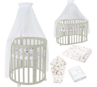 Waldin Lit de bébé OWAL Lit d'enfant 7en1 avec matelas, lit évolutif pour enfants,Tissus Blanc Pissenlit,Bois olive