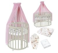 Waldin Lit de bébé OWAL Lit d'enfant 7en1 avec matelas, lit évolutif pour enfants,Tissus Rosa Tiere,Bois olive