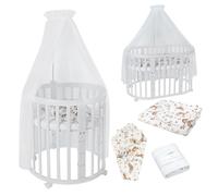 Waldin Lit de bébé OWAL Lit d'enfant 7en1 avec matelas, lit évolutif pour enfants,Tissus Blancs Animaux,Bois blanc