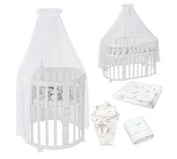 Waldin Lit de bébé OWAL Lit d'enfant 7en1 avec matelas, lit évolutif pour enfants,Tissus Blanc Branches,Bois blanc