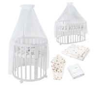 Waldin Lit de bébé OWAL Lit d'enfant 7en1 avec matelas, lit évolutif pour enfants,Tissus Blanc Pissenlit,Bois blanc
