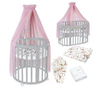 Lit bébé Waldin OWAL, lit pour enfant 7 en 1 avec matelas, lit évolutif pour enfant, motifs animaux roses en tissu, structure en bois gris