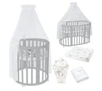 Waldin Lit de bébé OWAL Lit d'enfant 7en1 avec matelas, lit évolutif pour enfants,Tissus Blanc Branches,Bois gris