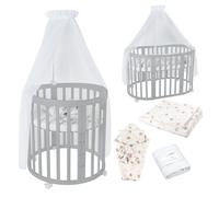 Lit bébé Waldin OWAL, lit pour enfants 7 en 1 avec matelas, lit évolutif pour enfants, tissu blanc "pissenlit", bois gris