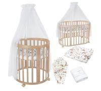Waldin Lit de bébé OWAL Lit d'enfant 7en1 avec matelas, lit évolutif pour enfants,Tissus Blancs Animaux,Bois naturel