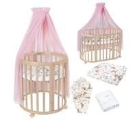 Lit bébé Waldin OWAL, lit pour enfant 7 en 1 avec matelas, lit évolutif pour enfant, motifs animaux roses en tissu, bois naturel