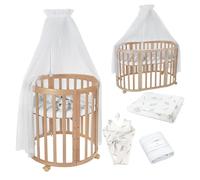 Lit bébé Waldin OWAL, lit pour enfant 7 en 1 avec matelas, évolutif, tissu blanc avec motifs de branches, bois naturel