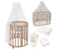 Waldin Lit de bébé OWAL Lit d'enfant 7en1 avec matelas, lit évolutif pour enfants,Tissus Blanc Pissenlit,Bois naturel
