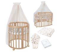 Waldin Lit de bébé OWAL Lit d'enfant 7en1 avec matelas, lit évolutif pour enfants,tissus champagne pissenlit,bois naturel