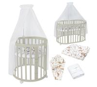 Waldin Lit de bébé OWAL Lit d'enfant 7en1 avec matelas, lit évolutif pour enfants,Tissus Blancs Animaux,Bois olive