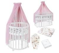 Waldin Lit bébé OWAL Lit d'enfant 7en1 avec matelas, lit évolutif pour enfants,Tissus roses animaux,bois blanc