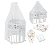 Waldin Lit de bébé OWAL Lit d'enfant 7en1 avec matelas, lit évolutif pour enfants,Tissus Blancs Animaux,Bois blanc