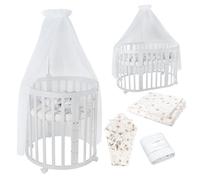 waldin Lit Bébé Ovale 7en1, Matelas, roulettes, Étagère, Blanc | Pissenlit Blanc, Évolutif, Lit, Lit Cododo en Bois, Fonction Balancelle en Option