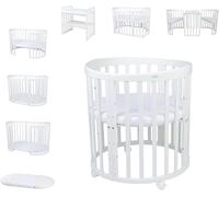 waldin Lit Bébé Ovale 7en1, Matelas, roulettes, Étagère, Blanc | Sans Ensemble de Tissu, Évolutif, Lit, Lit Cododo en Bois, Fonction Balancelle en Option