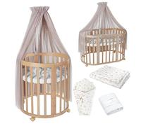 waldin Lit Bébé Ovale 7en1, Matelas, roulettes, Étagère, Naturel | Branches Taupe, Évolutif, Lit, Lit Cododo en Bois, Fonction Balancelle en Option